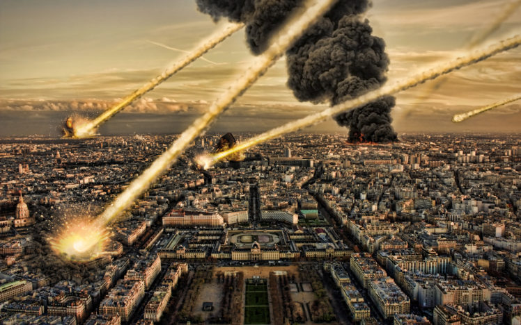 manipulation, Apocalyptic, Paris, Invasion, Destruction, Cities, Fire, Flames, Missile, Smoke, Cg, Digital art HD Wallpaper Desktop Background