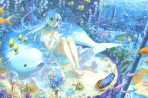 anime, Original, Soft, Fantasy, Women, Girls, Underwater, Fishes, Oceans, Artistic