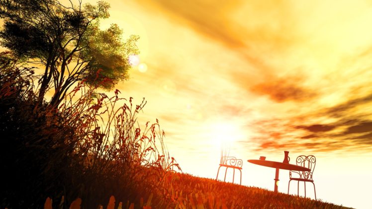 sunset, Clouds, Grass, Scenic, Chairs, Digital, Art, Sky HD Wallpaper Desktop Background