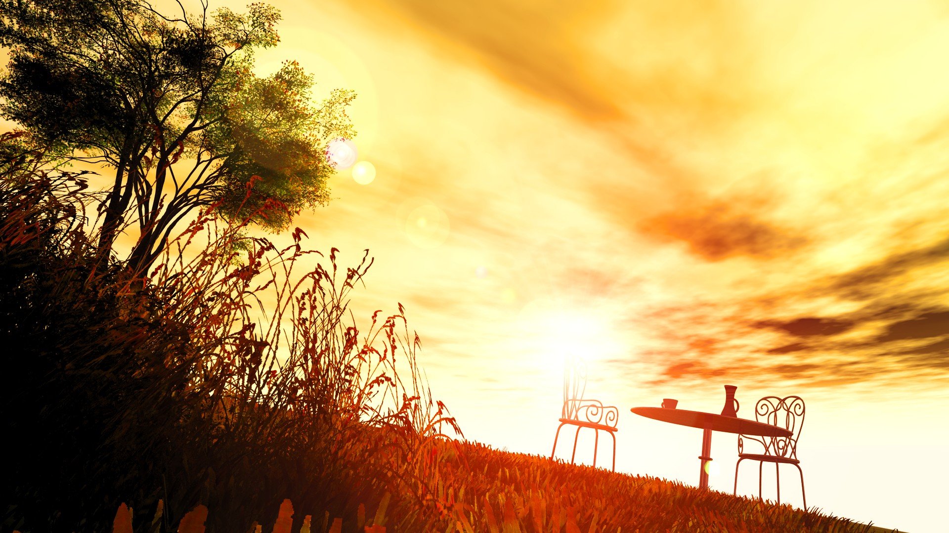 sunset, Clouds, Grass, Scenic, Chairs, Digital, Art, Sky Wallpaper
