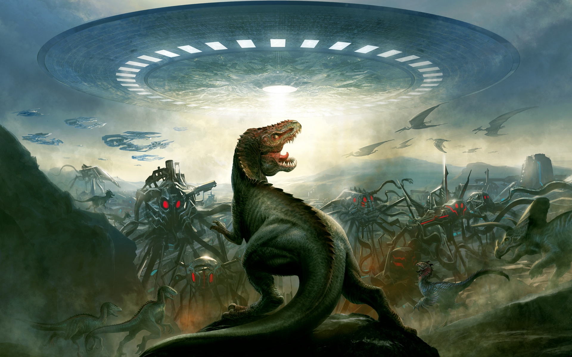 george roush, Roush, Dinosaurs vs aliens, Comics, Sci fi, Dinosaur, Ufo, Invasion, Spaceship, Spacecraft, Aliens, Creatures, Monster Wallpaper
