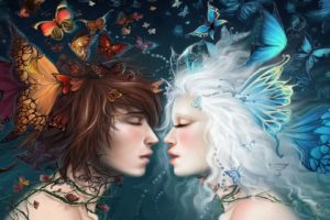 fantasy, Fairy, Gods, Love, Romance, Mood, Emotions, Kiss, Women, Females, Girls, Men, Males, Elf, Elves, Artistic, Paintings, Butterflies, Insects, Wings, Colors