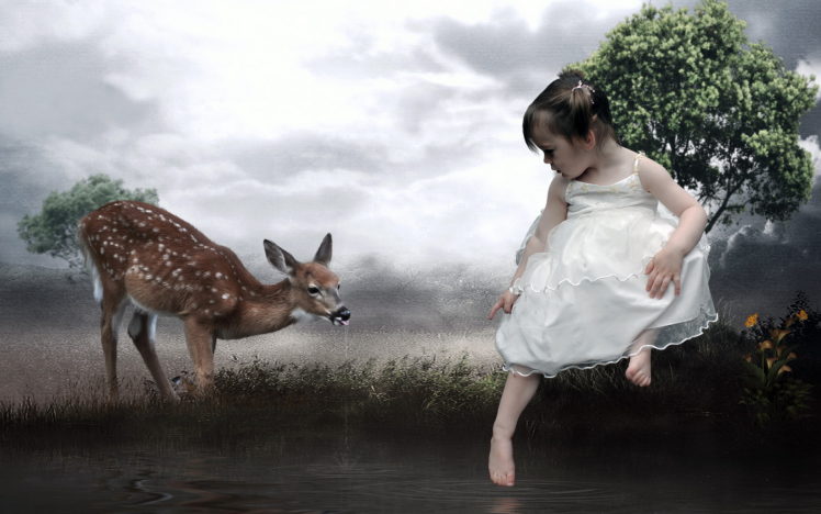 fantasy, Cg, Digital art, Manipulations, Photography, Artistic, Cute, Girls, Children, Deer, Animals, Babies HD Wallpaper Desktop Background