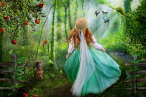 fantasy, Cg, Digital art, Manipulations, Photography, Artistic, Cute, Trees, Forest, Magical, Children, Mood, Happy, Emotions, Animals, Girls, Gowns, Butterflies, Soft