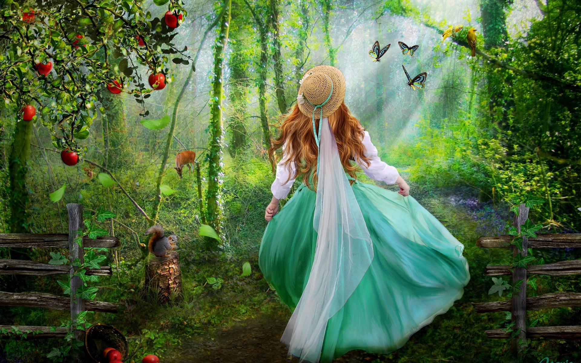 fantasy, Cg, Digital art, Manipulations, Photography, Artistic, Cute, Trees, Forest, Magical, Children, Mood, Happy, Emotions, Animals, Girls, Gowns, Butterflies, Soft Wallpaper