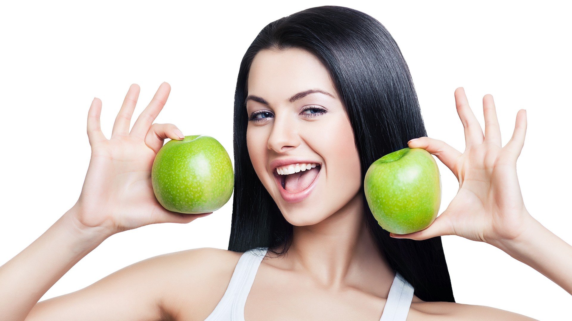 brunettes, Women, Fruits, Models, Healthy, Apples Wallpaper