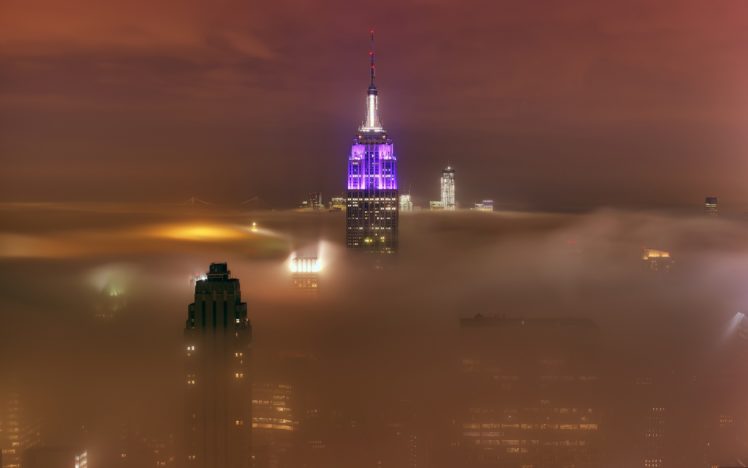 new york, Cities, Architecture, Buildings, Skyscrapers, Night, Lights, Hdr, Clouds, Fog, Mist, Skies HD Wallpaper Desktop Background
