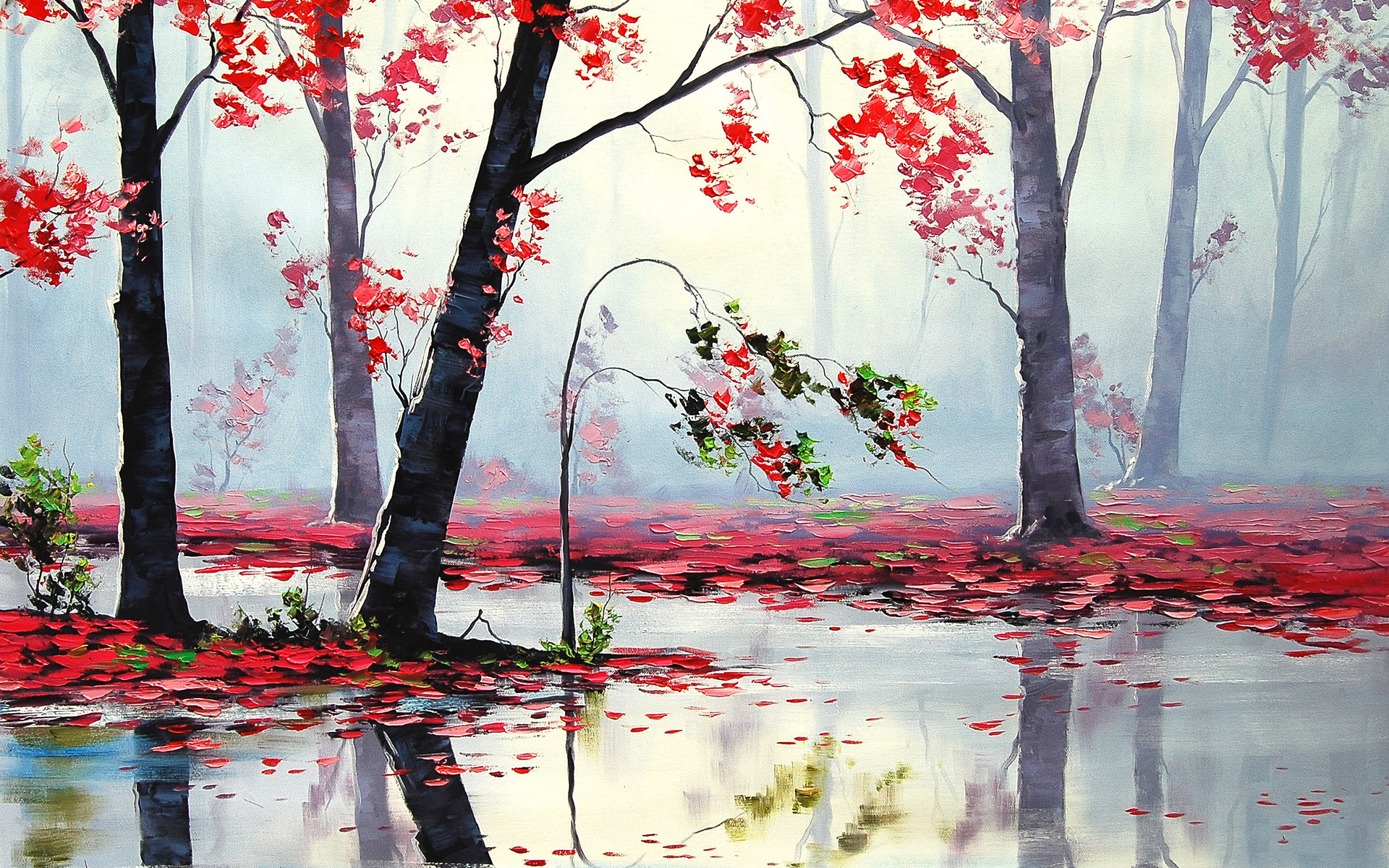 landscapes, Nature, Trees, Forest, Autumn, Fall, Seasons, Leaves, Paintings, Artistic, Rain, Wet, Reflection Wallpaper