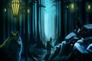 artistic, Animals, Wolves, Wolf, Fantasy, Dark, Spooky, Lamps, Lights, Nature, Trees, Forest, Pathway, Magical