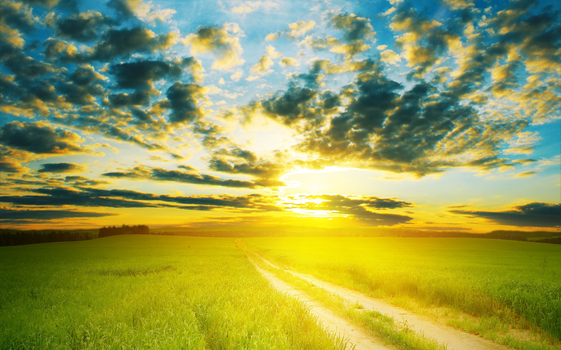 manipulation, Landscapes, Nature, Sunset, Sunrise, Fields, Skies, Clouds, Sun, Sunlight, Roads Wallpaper