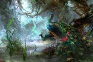 fantasy, Artistic, Paintings, Trees, Forest, Landscapes, Birds, Animals, Magical, Peacock, Jungle, Lake, Pond, Water, Moss, Flowers