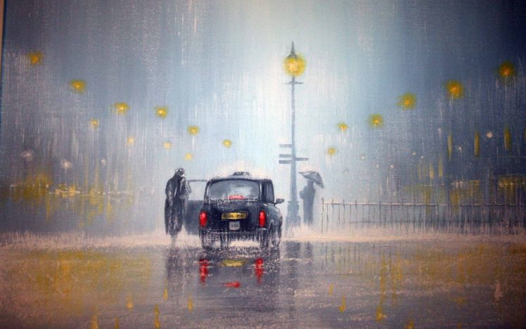 artistic, Paintings, London, Storm, Rain, Rainfall, Vehicles, Cars, Umbrella HD Wallpaper Desktop Background