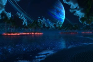 sci fi, Cg, Digital art, Manipulation, Fire, Flames, Lakes, Nature, Islands, Jungle, Trees, Forest, Blue, Skies, Moon, Planets, Clouds, Moonlight, Artistic, Surreal