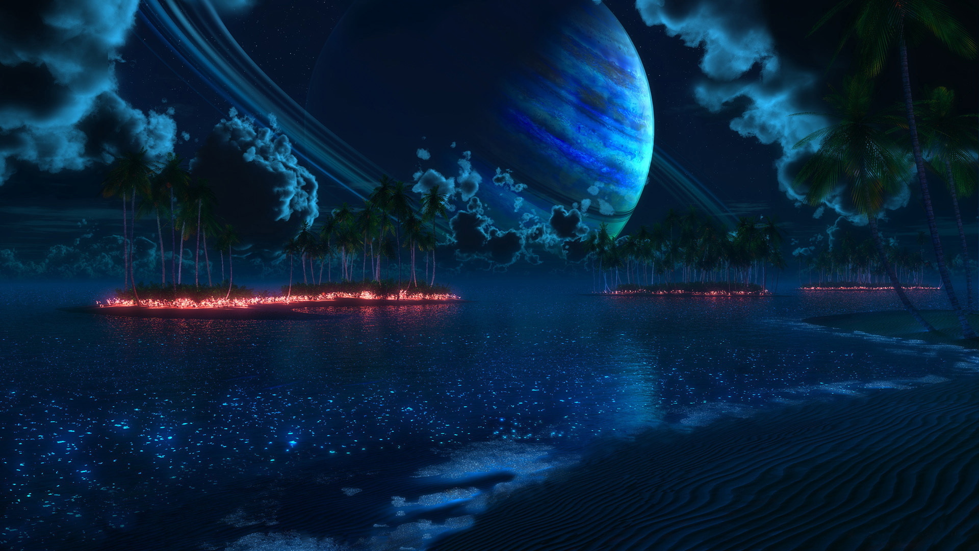 sci fi, Cg, Digital art, Manipulation, Fire, Flames, Lakes, Nature, Islands, Jungle, Trees, Forest, Blue, Skies, Moon, Planets, Clouds, Moonlight, Artistic, Surreal Wallpaper