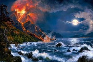 landscapes, Volcano, Fire, Flames, Lava, Jungle, Trees, Forest, Seascape, Ocean, Sea, Waves, Night, Moon, Moonlight, Skies, Clouds, Artistic, Paintings, Airbrushing, Cg, Digital art, Fantasy