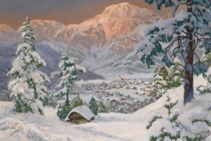 mountains, Snow, Trees, Artistic, Houses, Drawings, Villages