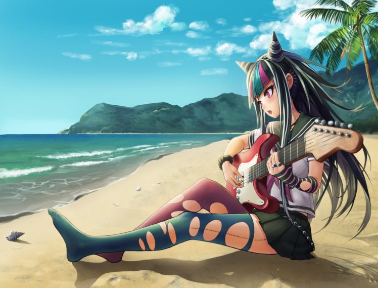 dangan ronpa, Beach, Black, Hair, Clouds, Dangan, Ronpa, Drogoth, Guitar, Horns, Instrument, Long, Hair, Mioda, Ibuki, Pink, Eyes, Skirt, Thighhighs, Torn, Clothes, Tree, Water HD Wallpaper Desktop Background