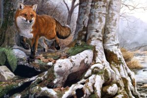 animals, Fox, Foxes, Nature, Landscapes, Trees, Forests, Rivers, Paintings, Artistic, Art