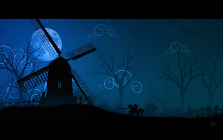 blue, Moon, Silhouettes, Monochrome, Artwork, Windmills, Horseback, Riding, Don, Quichotte, De, Flamingo HD Wallpaper Desktop Background