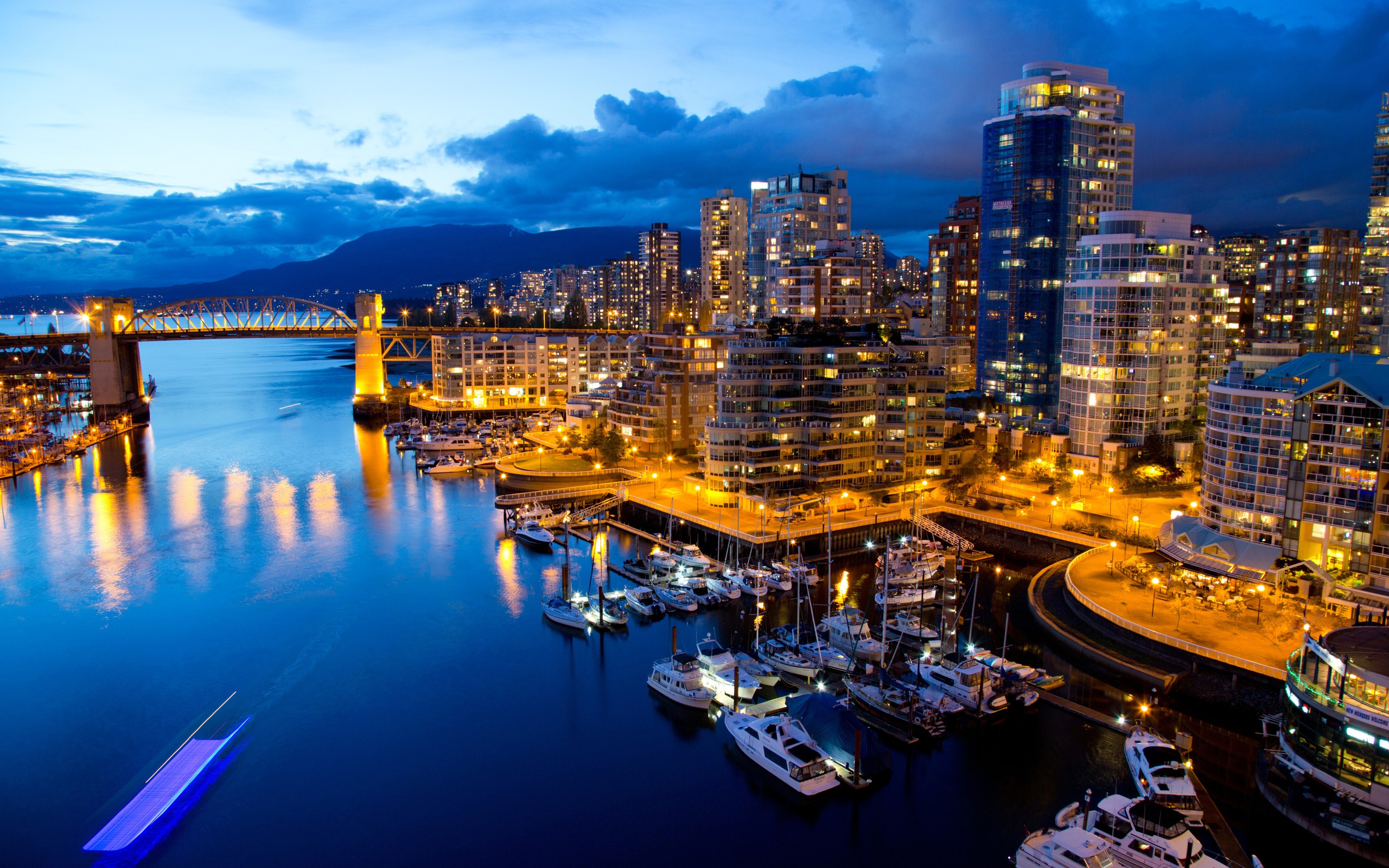 vancouver, Canada, Cities, Hdr, Night, Lights, Architecture, Buildings, Water, Waterways, Marina, Harbor, Reflections, Vehicles, Boats, Sky, Skies, Clouds, Places Wallpaper