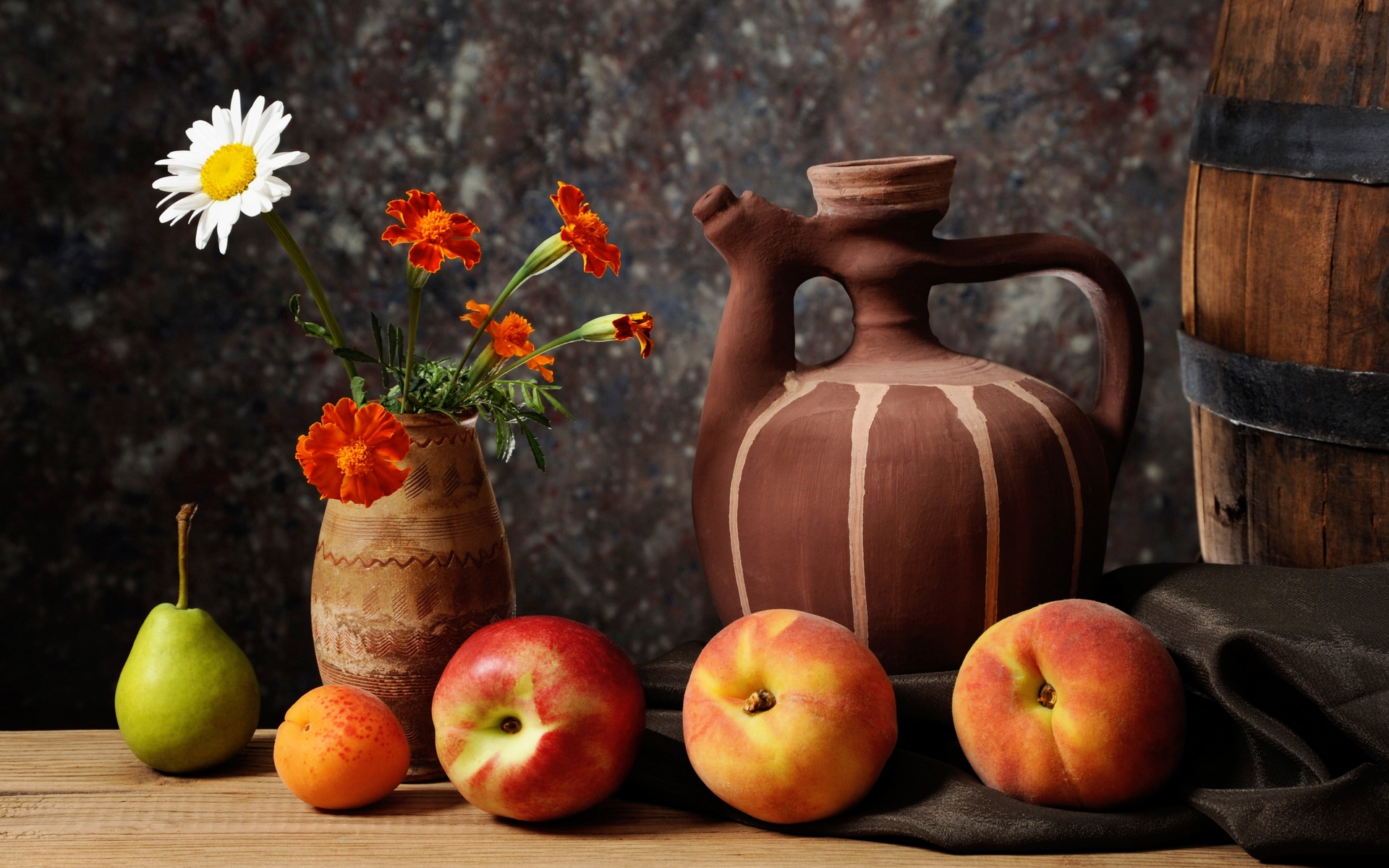 photography, Dishes, Jug, Pitcher, Fruit, Pears, Apricots, Nectarines, Peaches, Pitcher, Vase, Daisy, Marigold, Still, Life Wallpaper