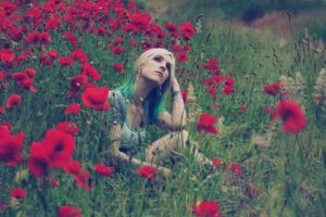 landscapes, Nature, Field, Flower, Grass, Mood, Emotion, Blonde, Dye, Face, Pose, Red, Contrast, Women, Female, Girl, Babe, Sensual