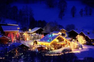france, Holidays, Christmas, Night, Lights, Festive, Winter, Snow, Architecture, Building, House, Mountains, Hill, Trees, Place