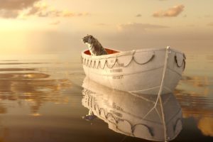 animals, Cats, Tiger, Water, Ocean, Sea, Reflection, Sky, Clouds, Boats, Vehicle, Rope, Mood, Surreal, Manipulation, Cg, Digital, Scenic, Wierd, Psychedelic