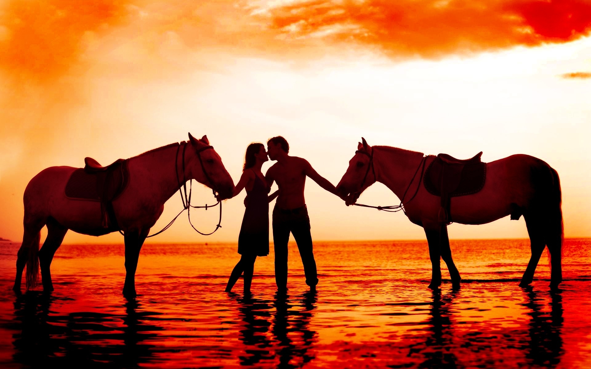 animals, Horses, People, Love, Romance, Kiss, Ocean, Sea, Reflection, Mood, Emotion, Sky, Clouds, Sunset, Colors, Cg, Digital, Manipulation, Valentine, Holidays Wallpaper