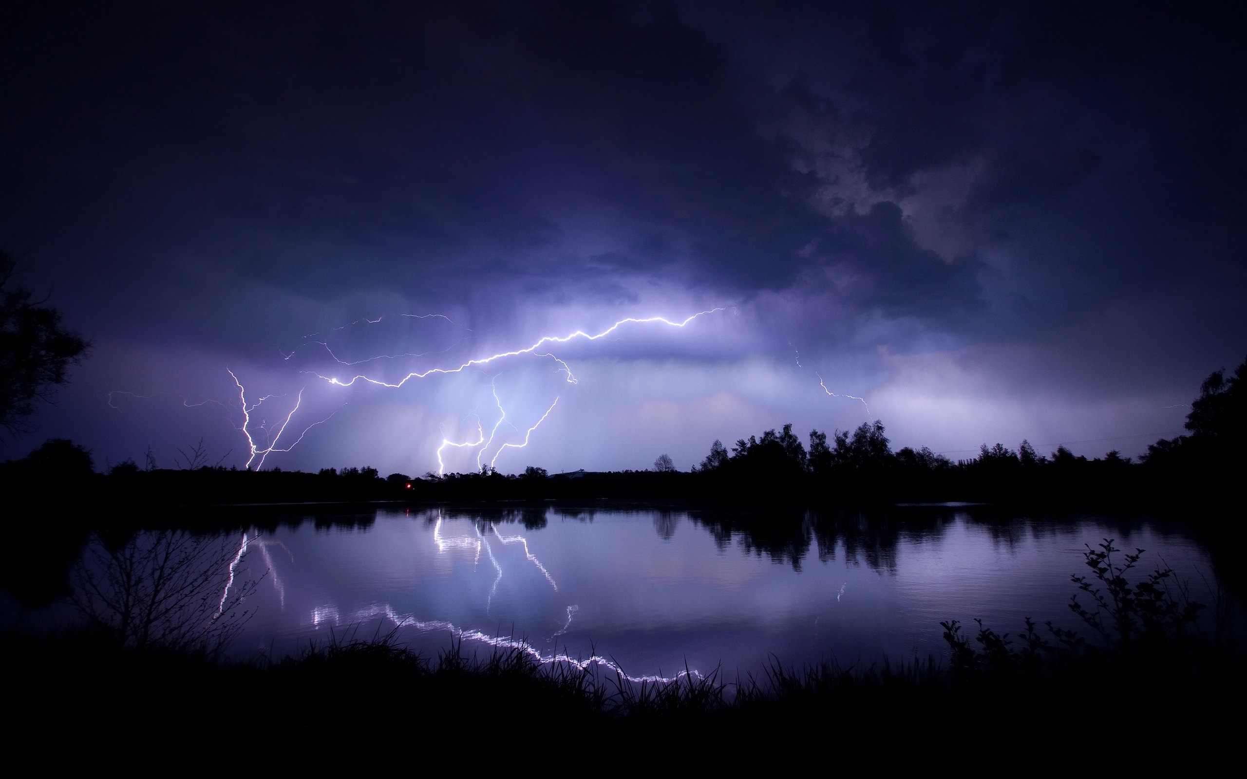 landscapes, Nature, Trees, Forest, Lakes, Reflection, Lightning, Rain, Storm, Night, Water, Contrast, Bright, Light, Scenic Wallpaper