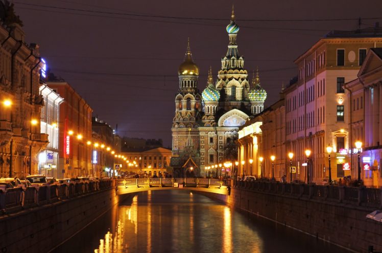 russia, St, , Petersburg, Temples, Houses, Bridges, Night, Street, Lights, Canal, Cities HD Wallpaper Desktop Background