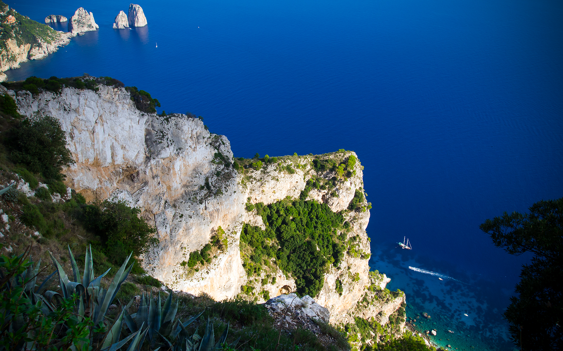 mount, Solaro, Capri, Italy, Cliff, Trees, Rock, Scenic, View, Vehicles, Boats, Sail, Water, Ocean, Sea Wallpaper