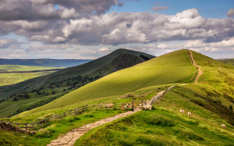 nature, Landscapes, Hill, Grass, Fence, Gate, Sheep, Animals, Roads, Path, Hills, Sky, Clouds, Scenic HD Wallpaper Desktop Background