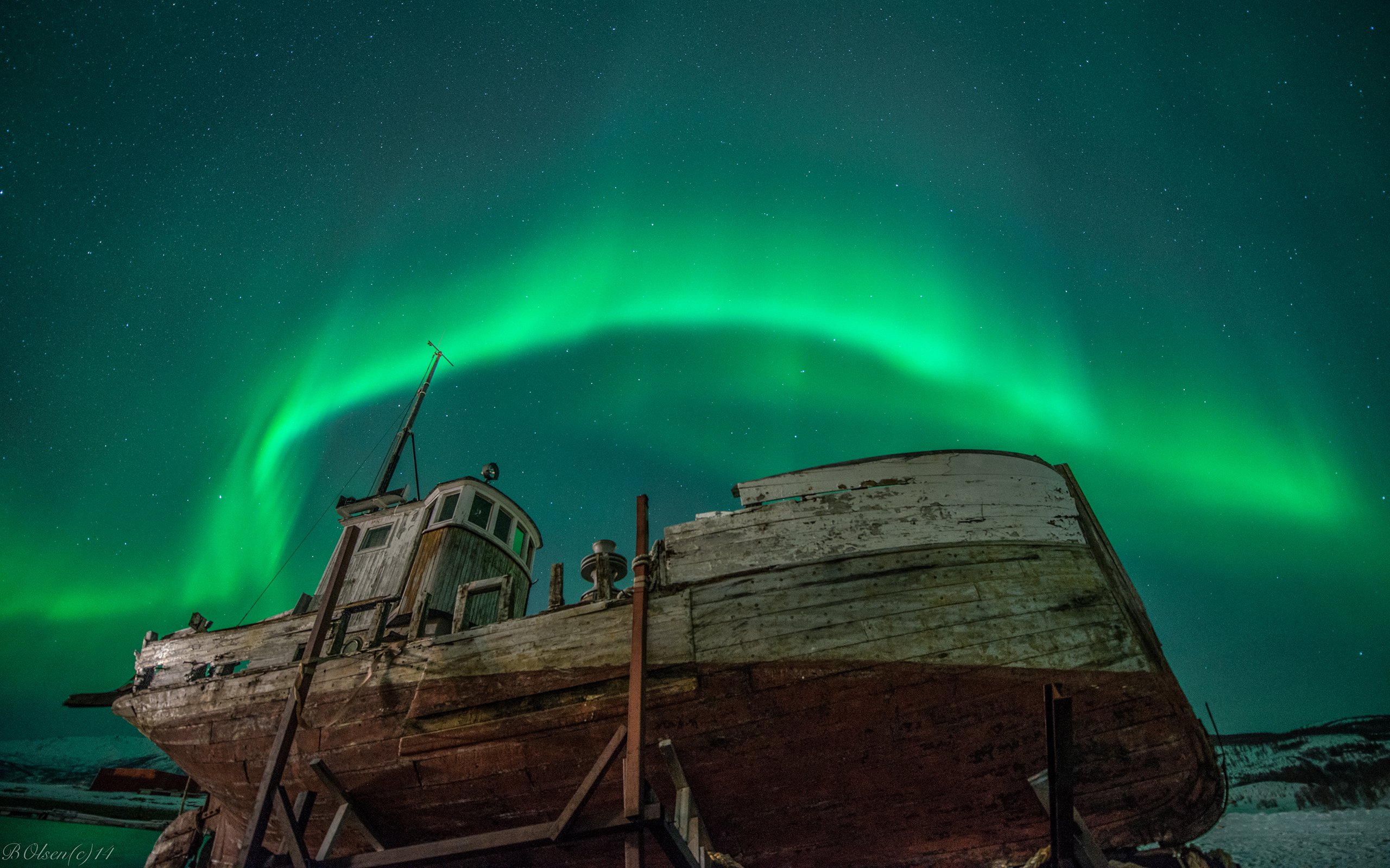aurora, Borealis, Northern, Lights, Night, Green, Stars, Boat, Abandon, Deserted, Dilapidated Wallpaper