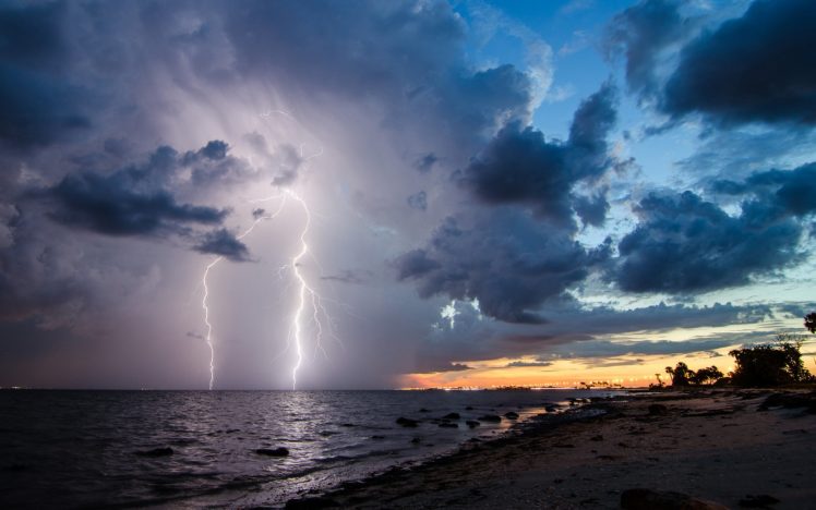 lightning, Clouds, Storm, Beach HD Wallpaper Desktop Background