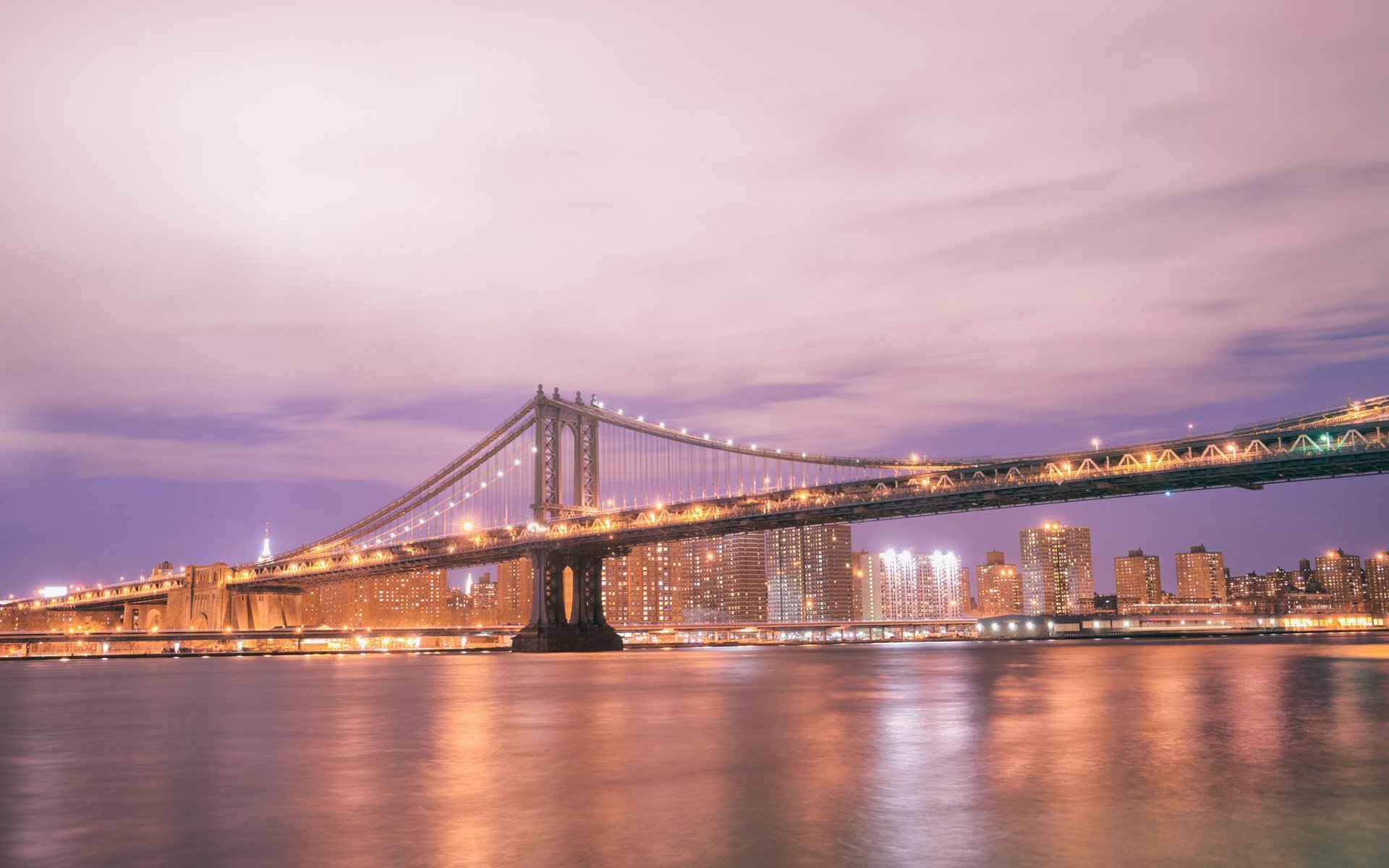 manhattan, Bridge, Bridge, New, York, Buildings, Night, Lights, River Wallpaper