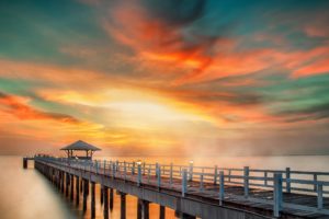 pier, Sunset, Clouds, Ocean