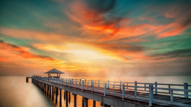 pier, Sunset, Clouds, Ocean HD Wallpaper Desktop Background