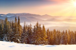 nature, Landscapes, Mountains, Winter, Snow, Seasons, Fog, Mist, Haze, Sunset, Sunrise, Sunlight, Sun, Colors, Bright, Sky, Scenic, Trees, Forest, Meadow