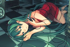 headphones, Music, Vocaloid, Dress, Hatsune, Miku, Cleavage, Long, Hair, Speakers, Green, Eyes, Barefoot, Green, Hair, Twintails, Checkered, Red, Dress, Lying, Down, Wires, Cables, Hair, Ornaments, Bangs, Off, T