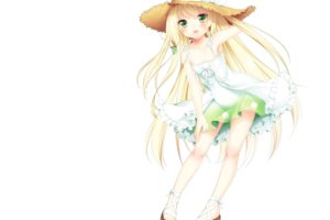 green, Eyes, Blush, Anime, Girls, White, Background, Summer, Dress, Original, Characters