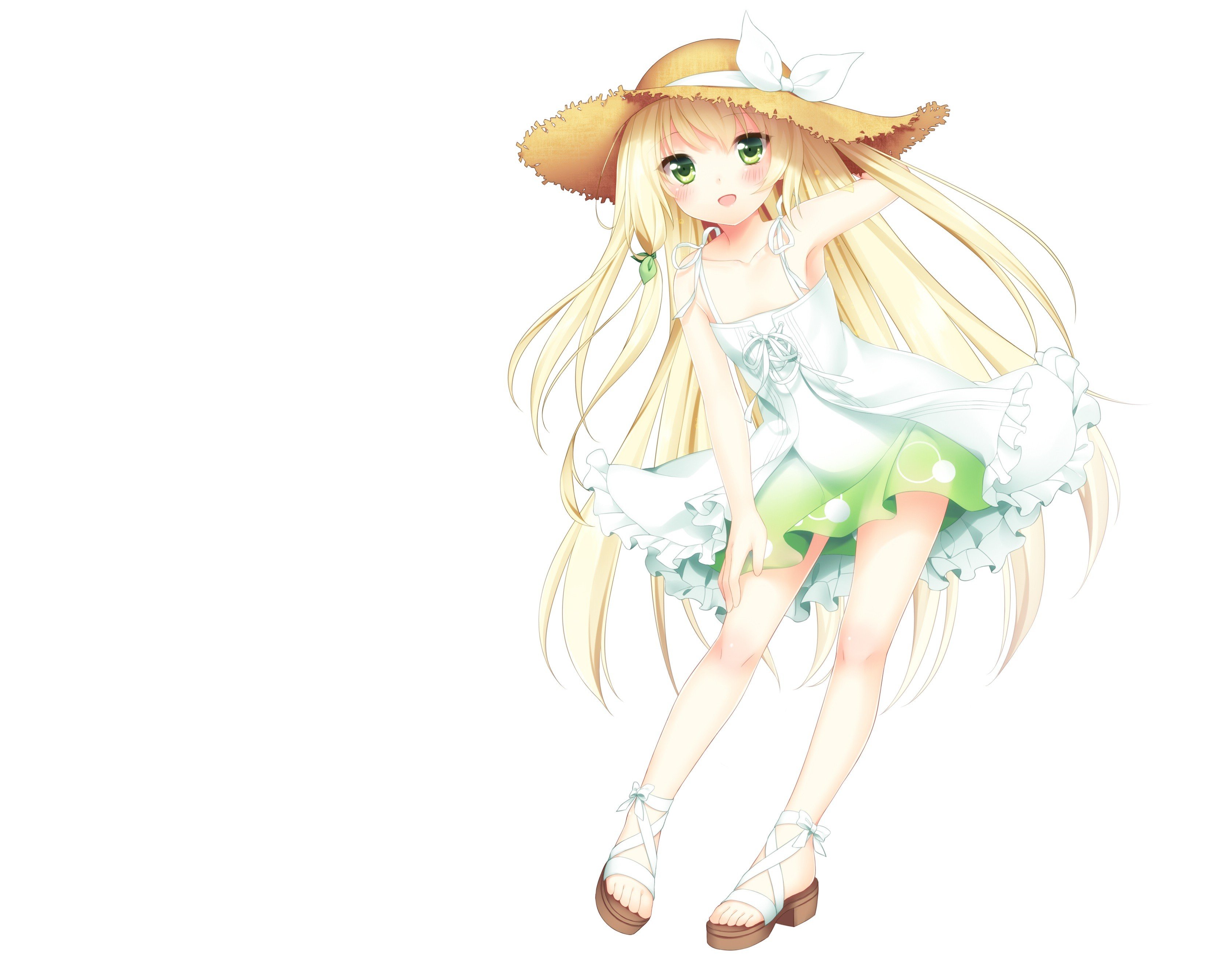 green, Eyes, Blush, Anime, Girls, White, Background, Summer, Dress, Original, Characters Wallpaper
