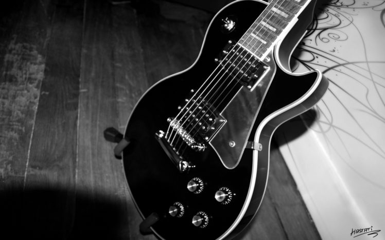 music, Gibson, Les, Paul, Guitars, Musical, Instruments, Black, White, Abstract, Art, Bridge, Strings, Knobs, Tech, Mech HD Wallpaper Desktop Background