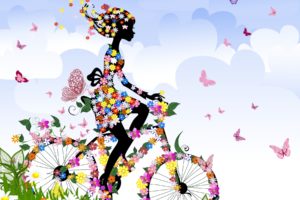 anime, Cartoon, Vector, Abstract, Art, Vehicles, Bicycle, Riding, Motion, Legs, Women, Females, Girls, Style, Color, Flowers, Insects, Butterfly, Sky, Clouds, Spring, Seasons