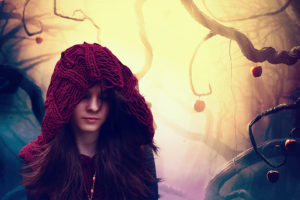 women, Females, Girls, Babes, Sensual, Face, Hood, Cape, Shawl, Gothic, Dark, Witch, Occult, Manipulation, Cg, Digital, Art, Trees, Forests, Apples, Fruit, Mood, Emotion, Little, Red, Riding, Spooky, Haze, Fog, S