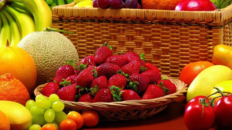 nature, Fruits, Oranges, Grapes, Bananas, Strawberries, Melons, Tomatoe HD Wallpaper Desktop Background