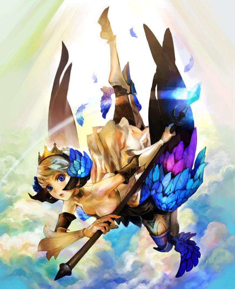 wings, Blue, Eyes, Feathers, Odin, Sphere, Artwork, Gwendolyn, Anime, Girls HD Wallpaper Desktop Background