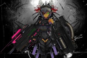 soldiers, Black, Guns, Dark, Gloves, Cyborgs, Weapons, Eyepatch, Green, Eyes, Short, Hair, Thigh, Highs, Bodysuits, Gia,  artist , Navel, Gray, Hair, Anime, Girls, Hair, Ornaments, Fighters, Headsets