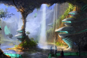 sci, Fi, Science, Fiction, Fantasy, Surreal, Art, Artistic, Paintings, Cg, Digital, Architecture, Cities, Buildings, Futuristic, Vehicles, Machines, Mech, Flight, Fly, Waterfalls, Landscapes, Rivers, Lakes, Natur