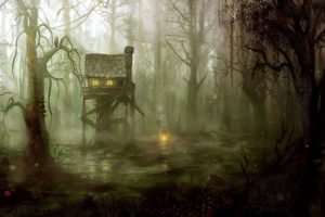 fantasy, Art, Artistic, Drawing, Painting, Dark, Spooky, Architecture, Buildings, Houses, Swamp, Jungle, Forest, Trees, Fire, Flames, Fog, Mist, Lakes